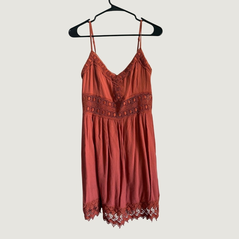 Abercrombie & Fitch Mini Dress L Crochet Lace Boho Gauze Fit & Flare Rust Orange
